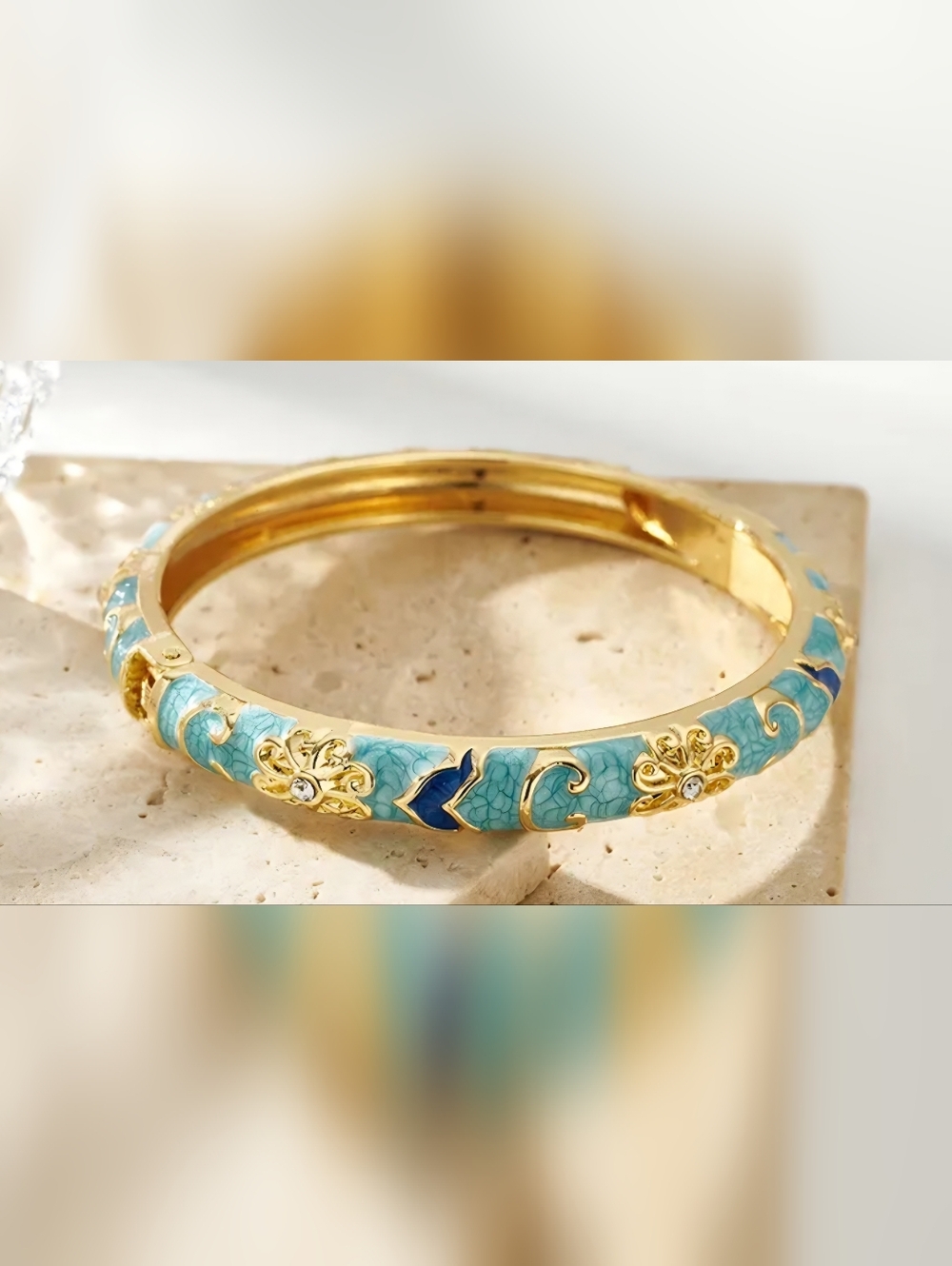 Blue Enamel Floral Gold Bangle Bracelet